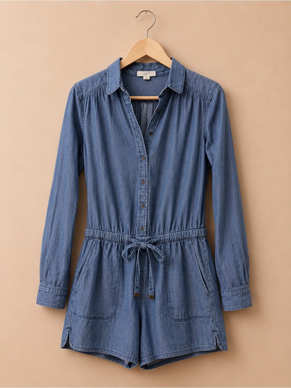 LOFT Blue Chambray Button-Front Drawstring Romper